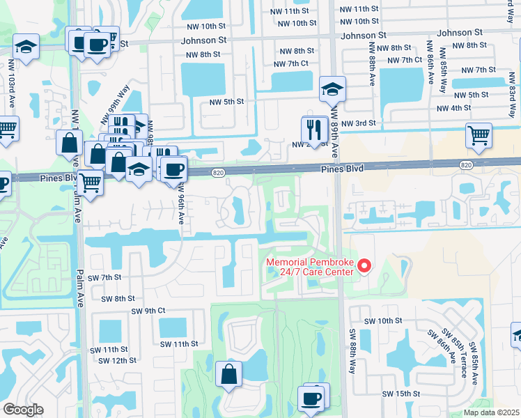 map of restaurants, bars, coffee shops, grocery stores, and more near 150 South Hollybrook Terrace in Pembroke Pines