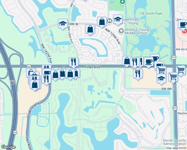 map of restaurants, bars, coffee shops, grocery stores, and more near 150 Southwest 134th Way in Pembroke Pines
