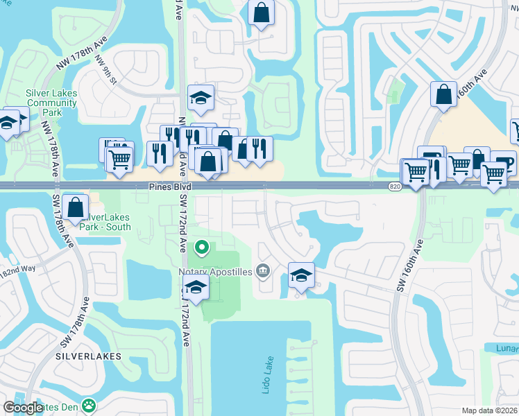 map of restaurants, bars, coffee shops, grocery stores, and more near 16681 Southwest 1st Street in Pembroke Pines