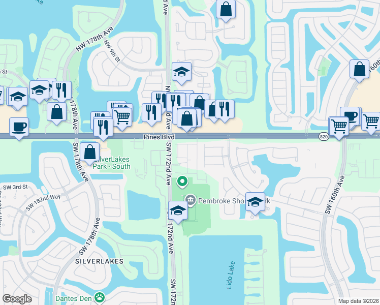 map of restaurants, bars, coffee shops, grocery stores, and more near 102 Southwest 169th Avenue in Pembroke Pines