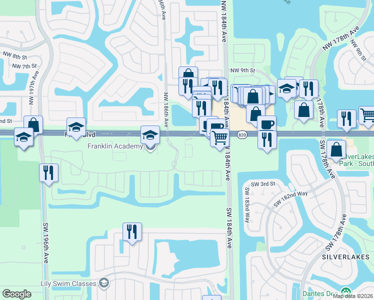 map of restaurants, bars, coffee shops, grocery stores, and more near 150 Southwest 185th Terrace in Pembroke Pines
