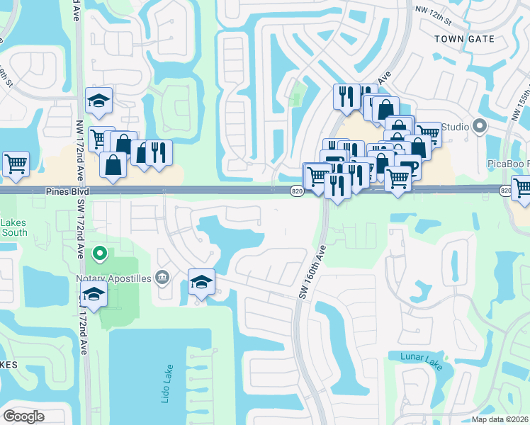 map of restaurants, bars, coffee shops, grocery stores, and more near 123 Southwest 164th Avenue in Hollywood