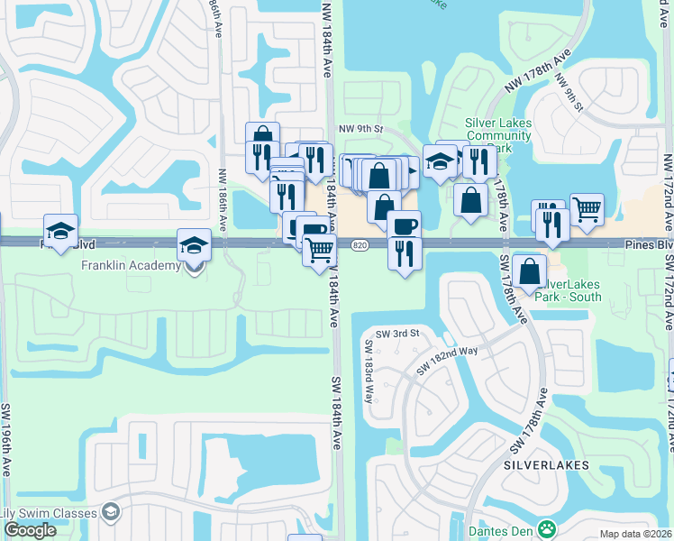 map of restaurants, bars, coffee shops, grocery stores, and more near 18410 Pines Boulevard in Pembroke Pines