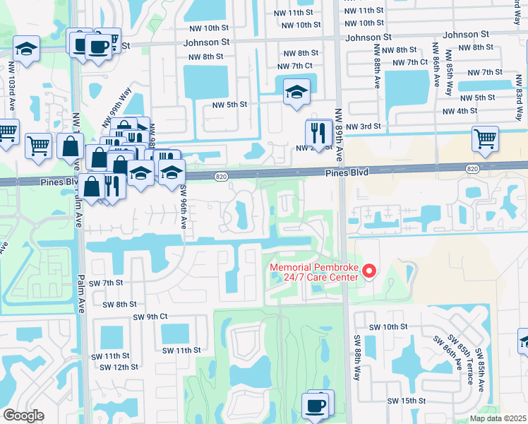 map of restaurants, bars, coffee shops, grocery stores, and more near 150 South Hollybrook Terrace in Pembroke Pines