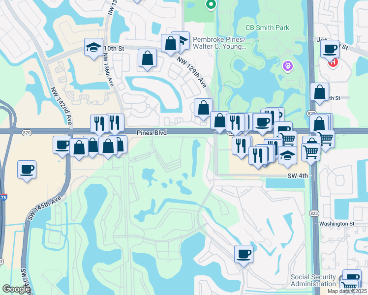 map of restaurants, bars, coffee shops, grocery stores, and more near 100 Southwest 132nd Way in Pembroke Pines