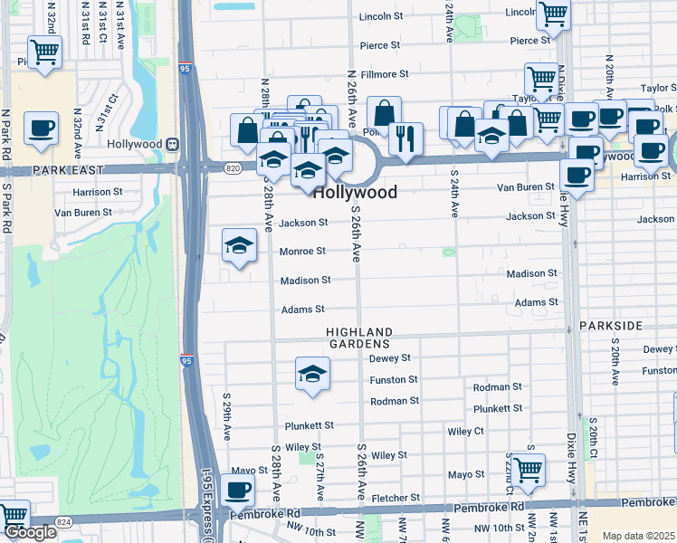 map of restaurants, bars, coffee shops, grocery stores, and more near 2630 Monroe Street in Hollywood
