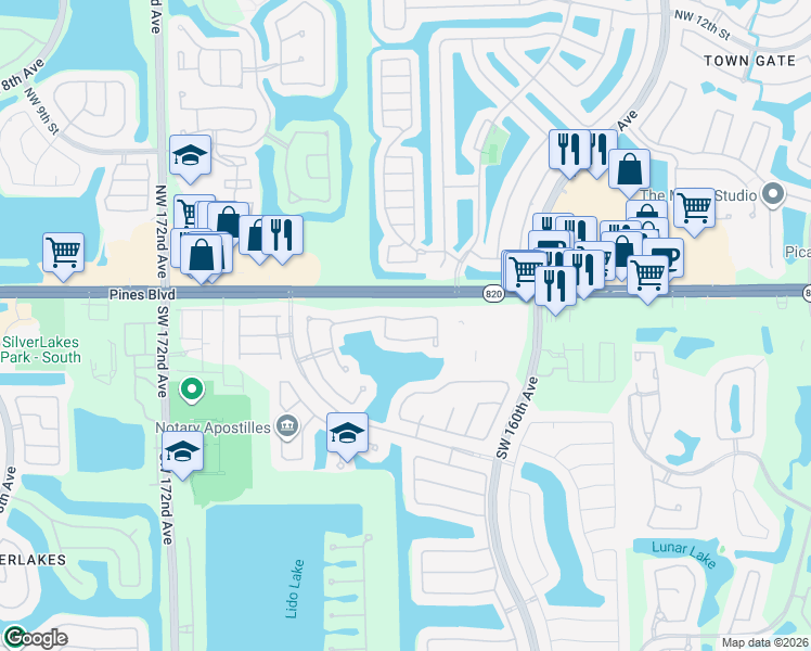 map of restaurants, bars, coffee shops, grocery stores, and more near 16429 Southwest 1st Street in Pembroke Pines