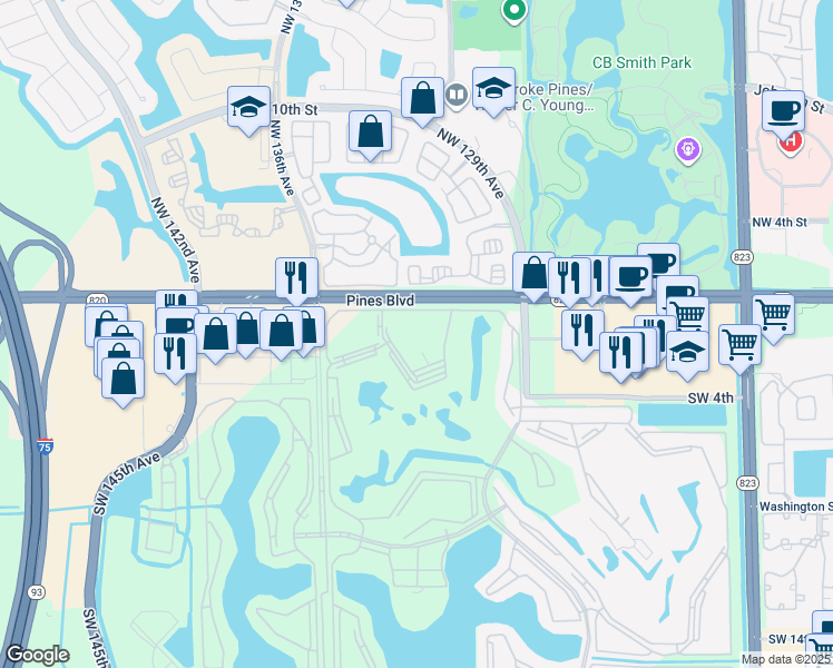 map of restaurants, bars, coffee shops, grocery stores, and more near 251 Southwest 134th Way in Pembroke Pines