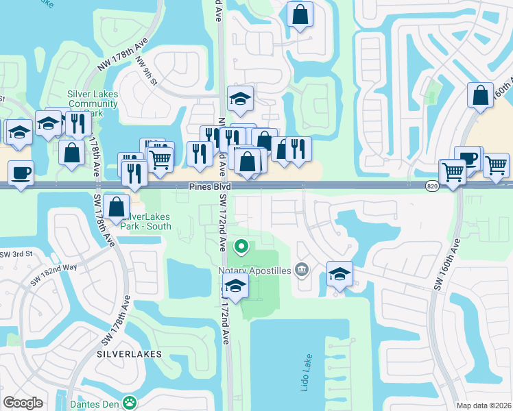 map of restaurants, bars, coffee shops, grocery stores, and more near 102 Southwest 169th Avenue in Pembroke Pines