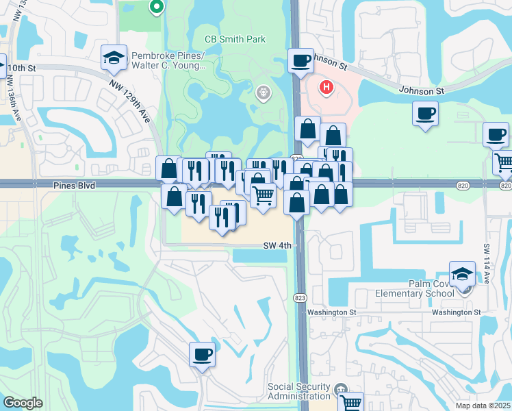 map of restaurants, bars, coffee shops, grocery stores, and more near 100 South Flamingo Road in Pembroke Pines