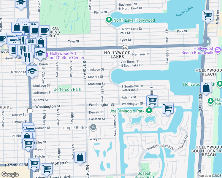 map of restaurants, bars, coffee shops, grocery stores, and more near 1238 Madison Street in Hollywood
