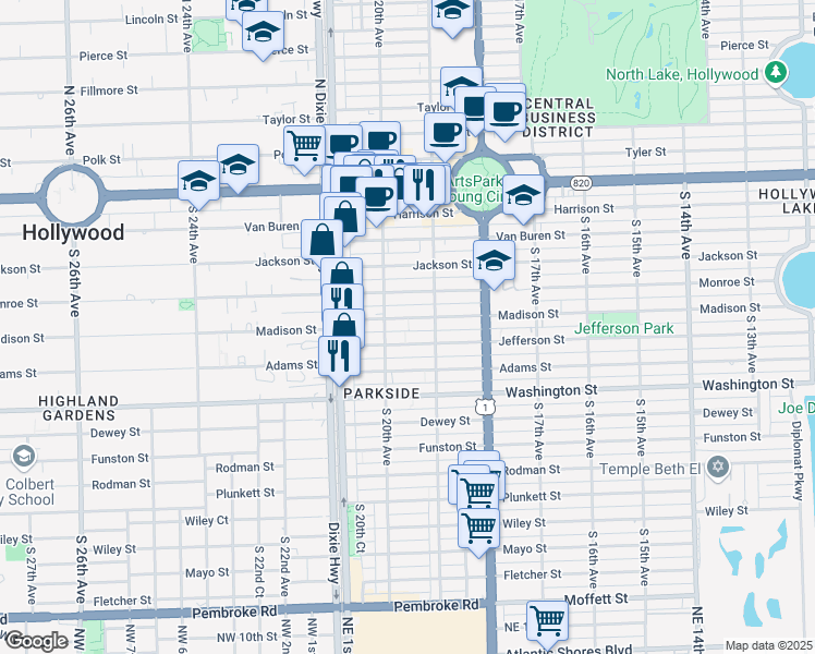 map of restaurants, bars, coffee shops, grocery stores, and more near 1951 Madison Street in Hollywood
