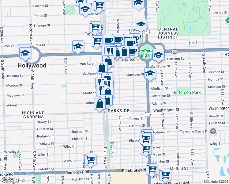 map of restaurants, bars, coffee shops, grocery stores, and more near 2037 Madison Street in Hollywood