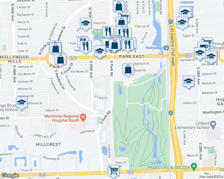 map of restaurants, bars, coffee shops, grocery stores, and more near 610 South Park Road in Hollywood