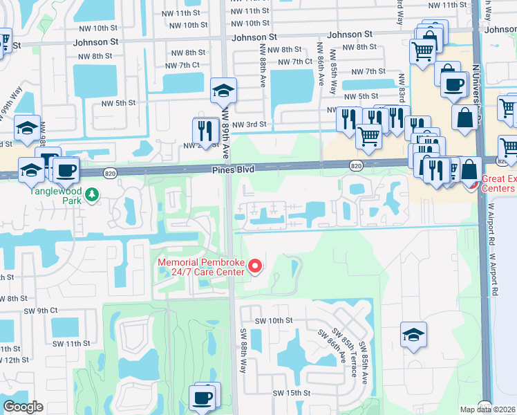 map of restaurants, bars, coffee shops, grocery stores, and more near Southwest 3rd Street in Pembroke Pines