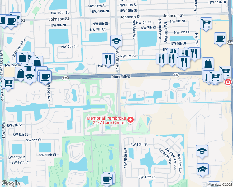 map of restaurants, bars, coffee shops, grocery stores, and more near 256 Douglas Road in Pembroke Pines