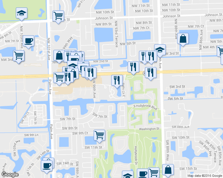 map of restaurants, bars, coffee shops, grocery stores, and more near 250 Southwest 1st Street in Pembroke Pines