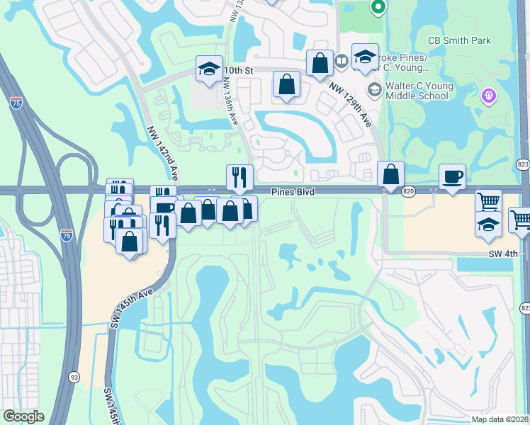 map of restaurants, bars, coffee shops, grocery stores, and more near 151 Southwest 135th Terrace in Pembroke Pines