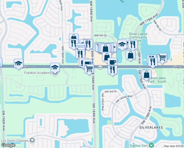 map of restaurants, bars, coffee shops, grocery stores, and more near 18410 Pines Boulevard in Pembroke Pines
