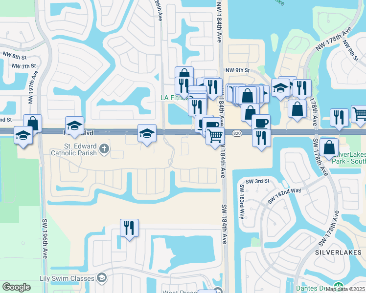 map of restaurants, bars, coffee shops, grocery stores, and more near 150 Southwest 185th Terrace in Pembroke Pines