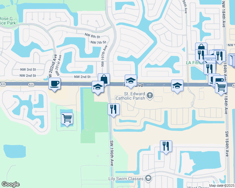 map of restaurants, bars, coffee shops, grocery stores, and more near 19550 Pines Boulevard in Pembroke Pines