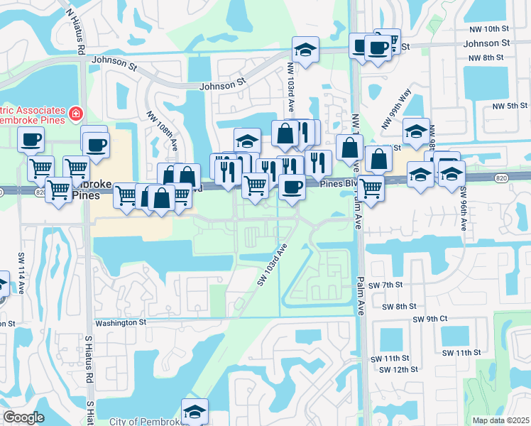 map of restaurants, bars, coffee shops, grocery stores, and more near 10402-10530 Pines Boulevard in Pembroke Pines