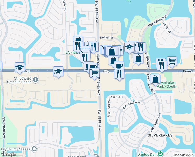 map of restaurants, bars, coffee shops, grocery stores, and more near 18410 Pines Boulevard in Pembroke Pines