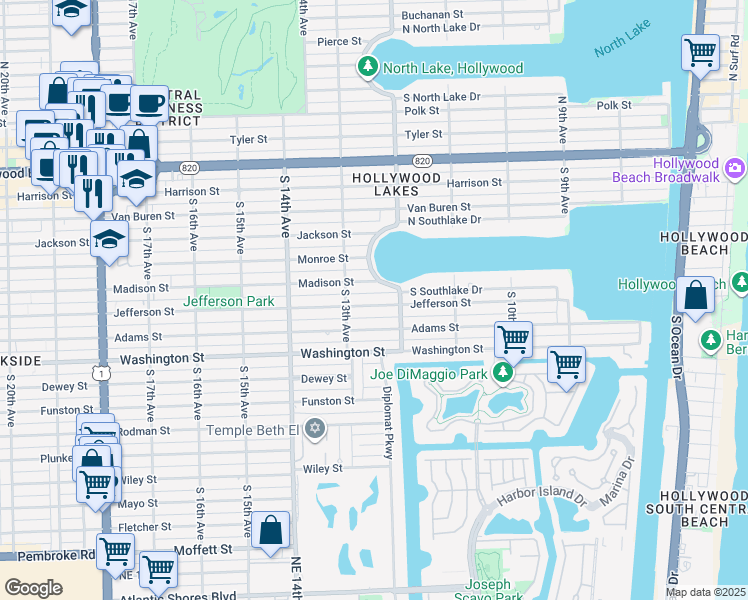 map of restaurants, bars, coffee shops, grocery stores, and more near 1238 Madison Street in Hollywood
