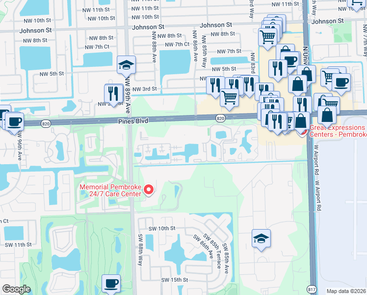 map of restaurants, bars, coffee shops, grocery stores, and more near 333 Southwest 86th Avenue in Pembroke Pines