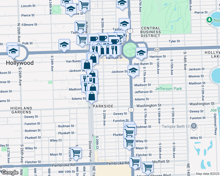 map of restaurants, bars, coffee shops, grocery stores, and more near 1951 Madison Street in Hollywood