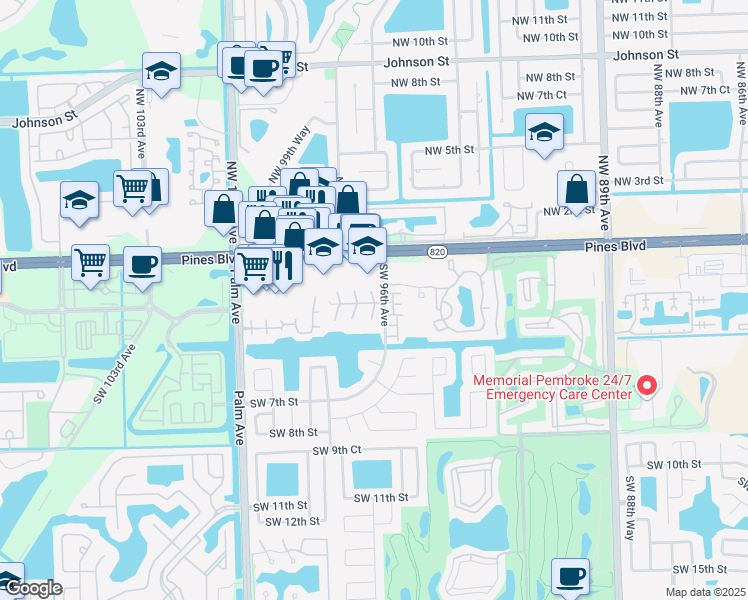 map of restaurants, bars, coffee shops, grocery stores, and more near 165 Southwest 96th Terrace in Pembroke Pines