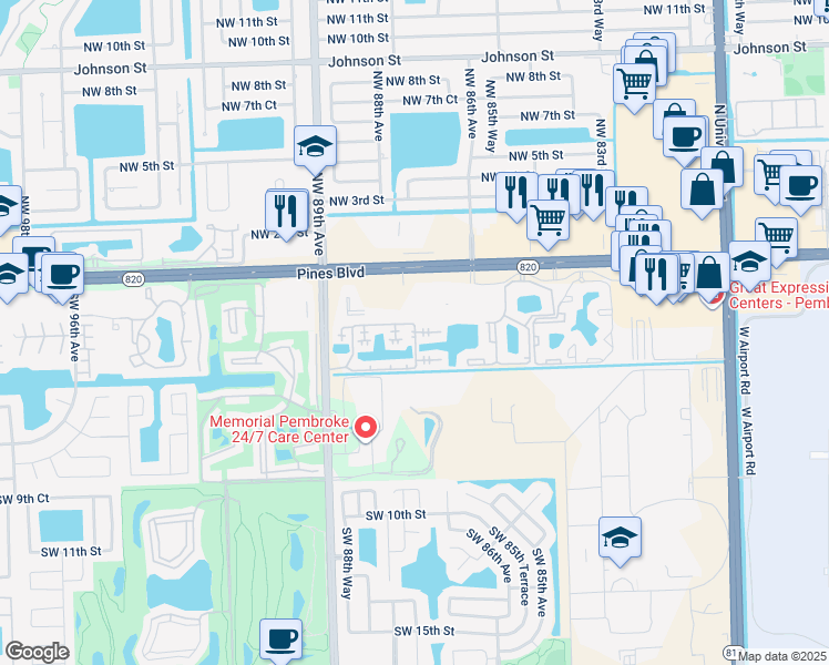 map of restaurants, bars, coffee shops, grocery stores, and more near 8630 Southwest 3rd Street in Pembroke Pines