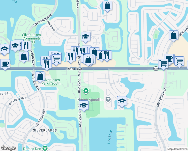 map of restaurants, bars, coffee shops, grocery stores, and more near 102 Southwest 169th Avenue in Pembroke Pines