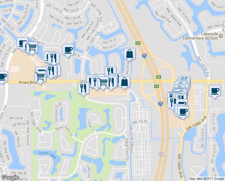 map of restaurants, bars, coffee shops, grocery stores, and more near 14806 Pines Boulevard in Pembroke Pines