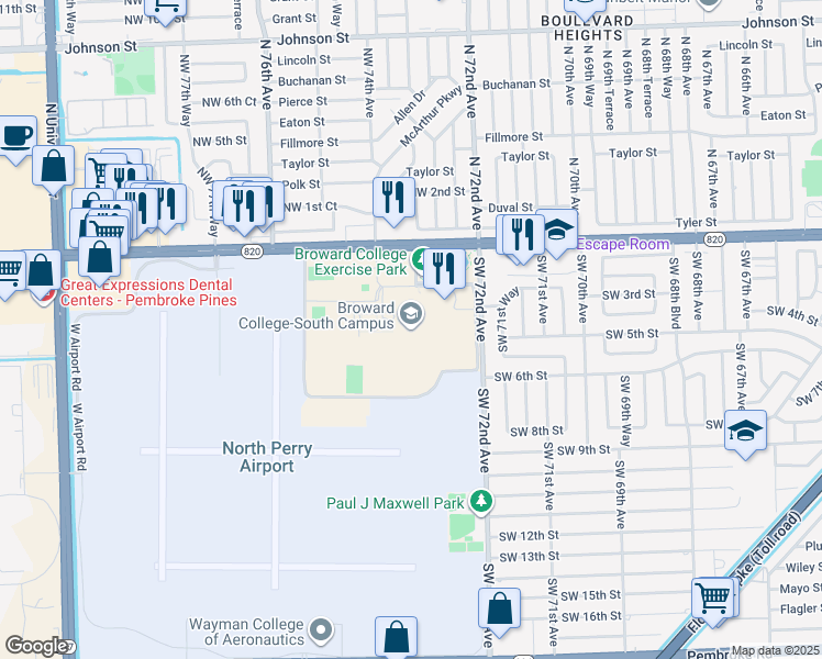 map of restaurants, bars, coffee shops, grocery stores, and more near 7200 Pines Boulevard in Pembroke Pines