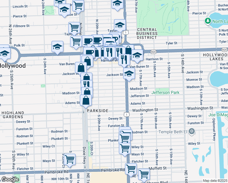 map of restaurants, bars, coffee shops, grocery stores, and more near 520 South 19th Avenue in Hollywood