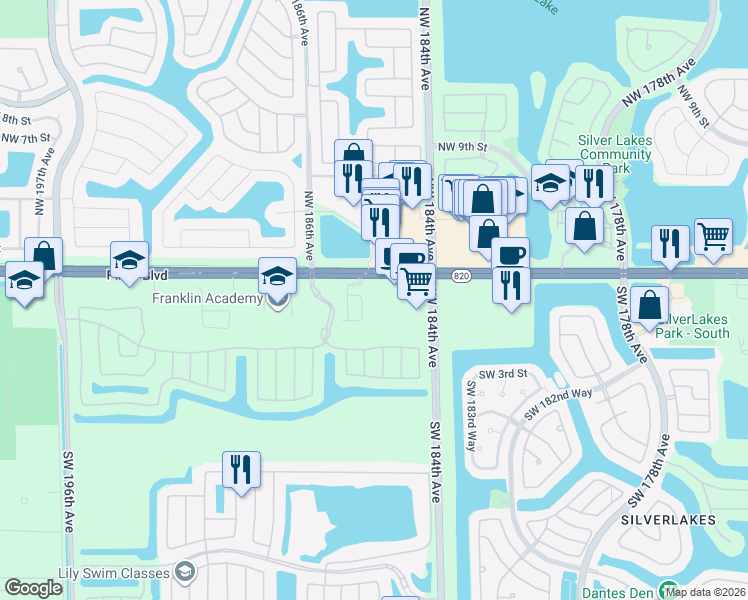 map of restaurants, bars, coffee shops, grocery stores, and more near 150 Southwest 185th Terrace in Pembroke Pines