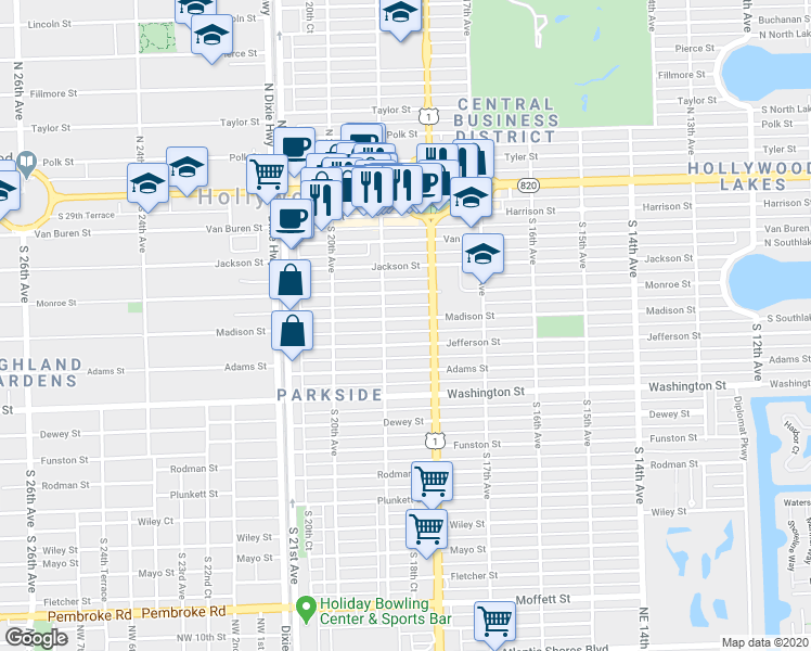 map of restaurants, bars, coffee shops, grocery stores, and more near 1813 Madison Street in Hollywood