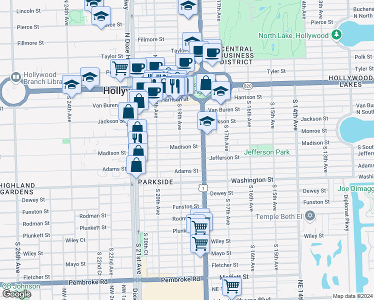 map of restaurants, bars, coffee shops, grocery stores, and more near 520 South 19th Avenue in Hollywood