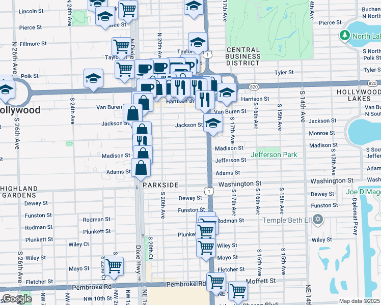 map of restaurants, bars, coffee shops, grocery stores, and more near 520 South 19th Avenue in Hollywood