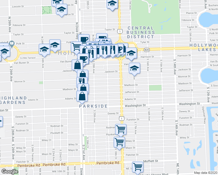 map of restaurants, bars, coffee shops, grocery stores, and more near 520 South 19th Avenue in Hollywood