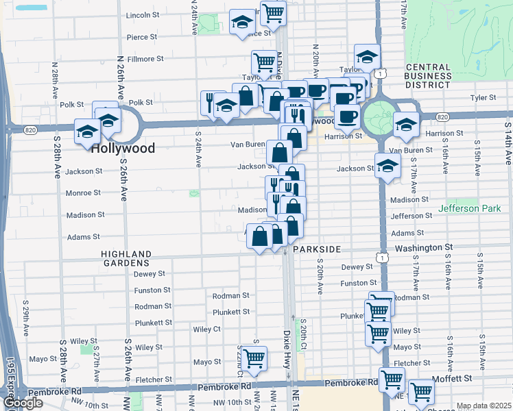 map of restaurants, bars, coffee shops, grocery stores, and more near 2143 Monroe Terrace in Hollywood