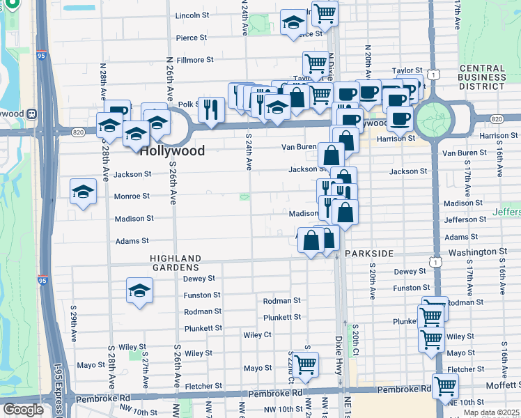 map of restaurants, bars, coffee shops, grocery stores, and more near 515 South 24th Avenue in Hollywood