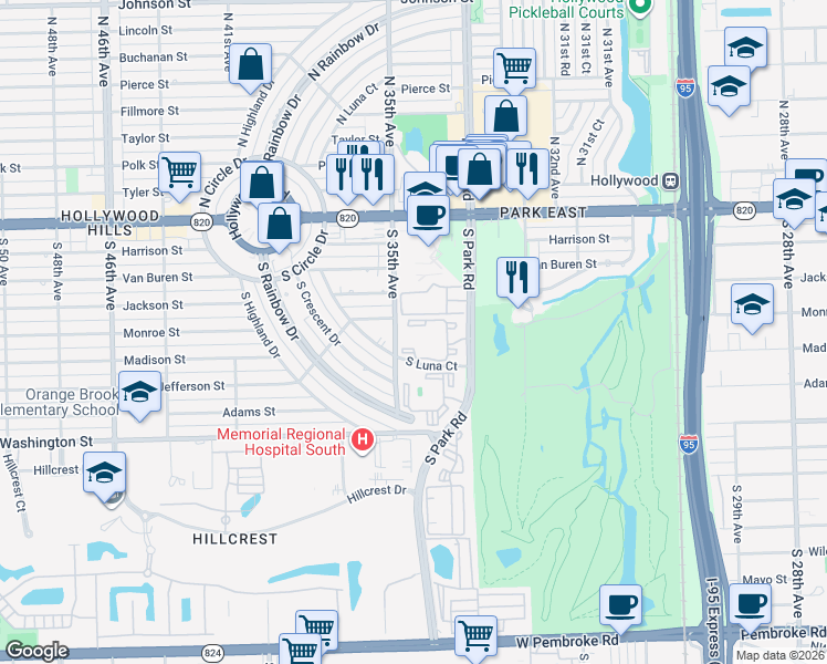 map of restaurants, bars, coffee shops, grocery stores, and more near 570 South Park Road in Hollywood