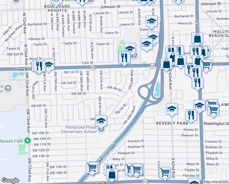 map of restaurants, bars, coffee shops, grocery stores, and more near 6560 Southwest 4th Street in Pembroke Pines