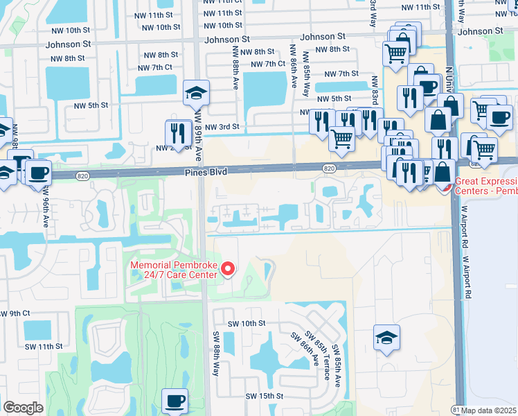map of restaurants, bars, coffee shops, grocery stores, and more near 8630 Southwest 3rd Street in Pembroke Pines
