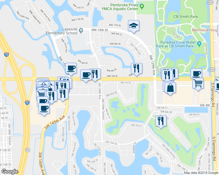 map of restaurants, bars, coffee shops, grocery stores, and more near 150 Southwest 134th Way in Pembroke Pines