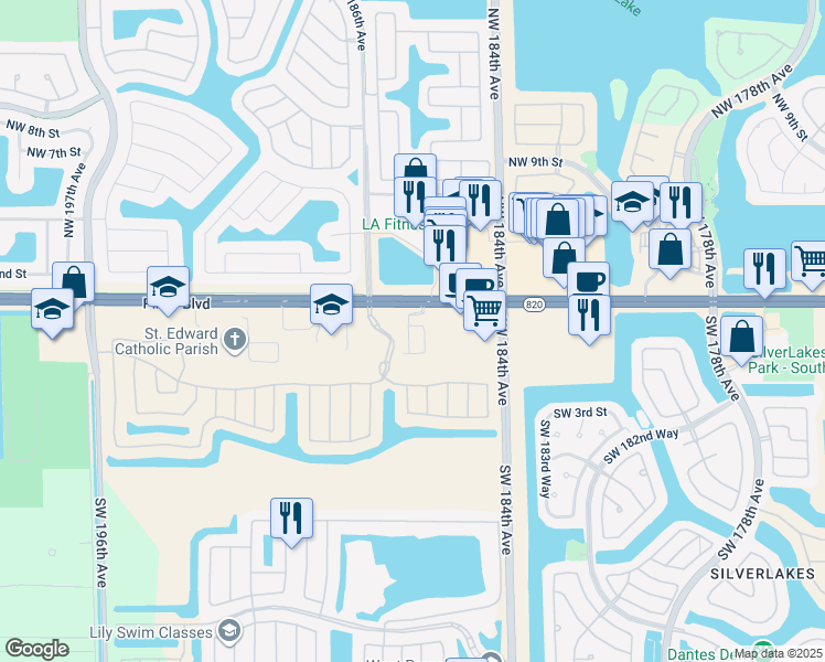 map of restaurants, bars, coffee shops, grocery stores, and more near 150 Southwest 185th Terrace in Pembroke Pines