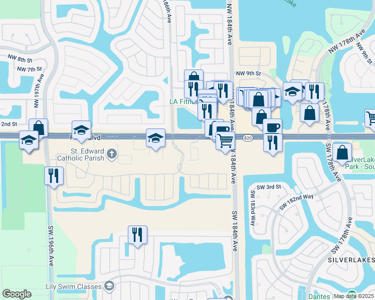 map of restaurants, bars, coffee shops, grocery stores, and more near 156 Southwest 185th Way in Pembroke Pines