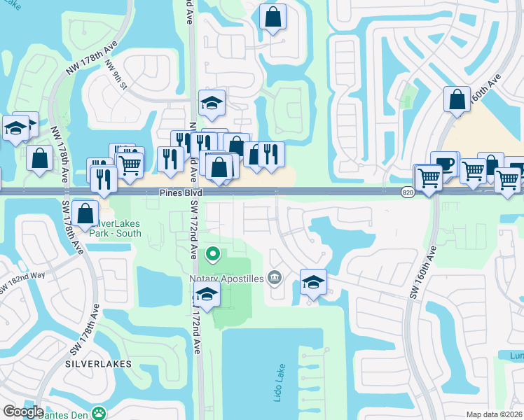 map of restaurants, bars, coffee shops, grocery stores, and more near 16863 Southwest 1st Street in Pembroke Pines